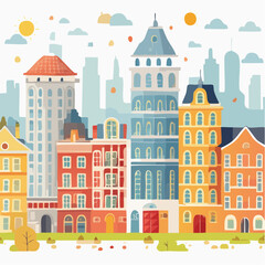 Naklejka premium Colorful Cartoon Cityscape with Whimsical Buildings.