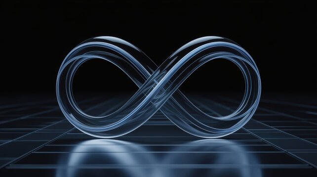 Transparent infinity symbol with subtle blue illumination on a dark grid background
