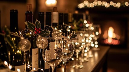 A Festive Table Display Featuring Wine Bottles and Elegant Glassware Adorned with Holiday Decor and Warm Lights in a Cozy Setting