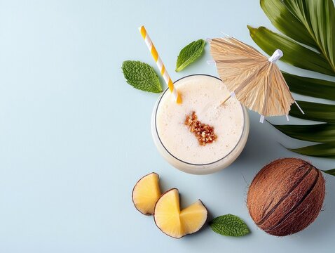 Overhead shot of a refreshing pina colada cocktail with a straw and umbrella, garnished with mint leaves, pineapple slices, and a coconut on a blue background.
