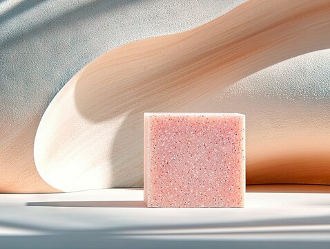 A pink soap bar is displayed on a white surface with an abstract background. The scene is lit with soft, diffused lighting, creating a minimalist and modern aes
