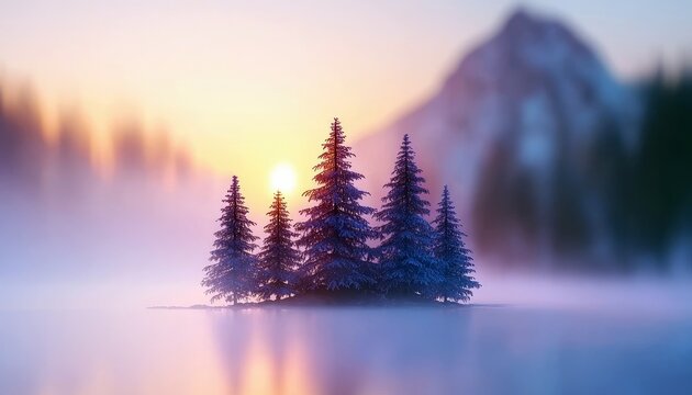 A cluster of pine trees silhouetted against a vibrant sunset in a misty, mountainous landscape. The scene evokes a sense of tranquility and natural beauty.