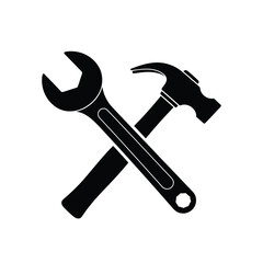 Black silhouette of a crossed hammer and wrench tool