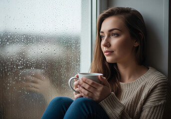 Portrait of young woman holding tea cup sitting by window on rainy day. Peaceful lady in cozy sweater looking out with contemplative expression. Relaxing mindfulness concept