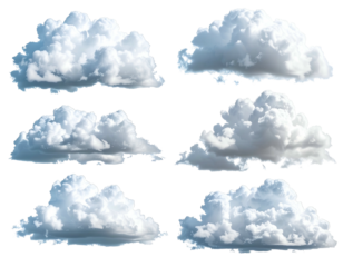 Six fluffy white clouds against a black background, various shapes