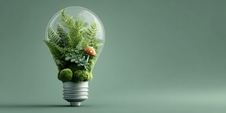 Eco friendly lightbulb with plants green background, Renewable and sustainable energy. Generative AI
