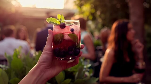 A hand holding a glass filled with a red beverage, possibly a cocktail, garnished with blueberries and mint leaves. The glass is transparent, allowing the viewer to see the contents inside.