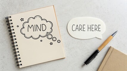 Flat lay of thought bubble doodles and pen on a white surface