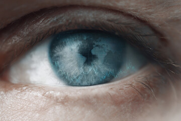 Closeup eye digital world map reflection technology data cyber blue