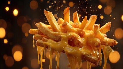Golden crispy french fries with melted cheese splash flying in the air, hot fast food concept, delicious snack texture, dramatic motion and warm light background