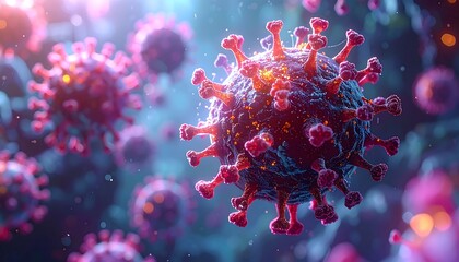 Detailed microscopic rendering of a red-purple virus particle with spiky protrusions in a blurry, colorful setting