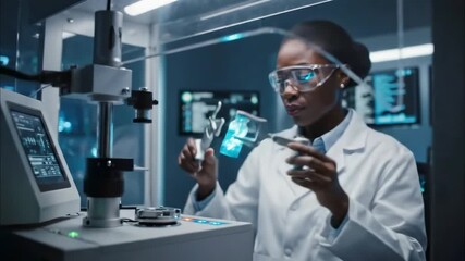 A focused African American female scientist meticulously operating advanced laboratory equipment for groundbreaking research and discovery - Powered by Adobe