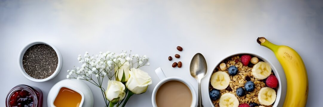 Healthy breakfast bowl with granola berries and banana served with coffee chia seeds and honey a nutritious start to the day