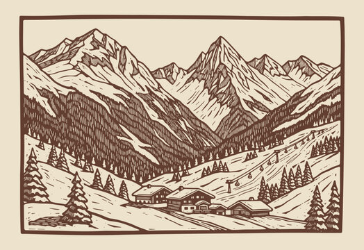vintage mountain landscape illustration with ski lift and chalets, winter resort illustration