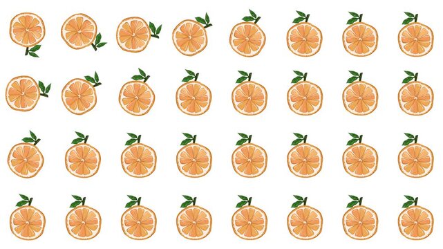 A cheerful motion graphic featuring a repeating pattern of bright watercolor oranges complete with subtle painted texture, ideal for refreshing food commercials or juice packaging mockups.