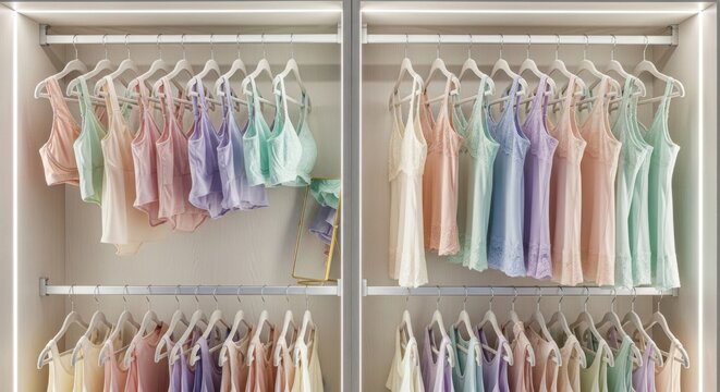 Pastelcolored intimates neatly organized on hangers in a bright closet