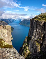 Dramatic View of Lysefjord from Preikestolen Pulpit Rock in Norway.