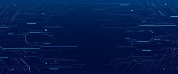 Glowing light blue neon AI chip with thin circuit contact lines. Technology lines circuit and dots on blue background, circuit board network connection.