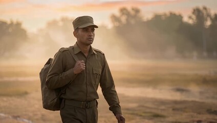 Indian soldier walking forward on a foggy parade ground