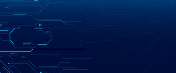 Circuit blue board texture on black technology web banner background. Abstract digital or semiconductor with circuit board wires and electronics components.