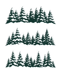 Fototapeta premium Winter pine forest silhouette vector featuring layered rows of snow-covered evergreen trees, ideal for seasonal borders, outdoor patterns, holiday graphics, and nature-themed design elements.