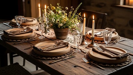 Rustic Table Setting with Candles and Flowers on Dark Wooden Surface