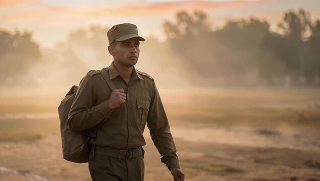 Indian soldier walking forward on a foggy parade ground