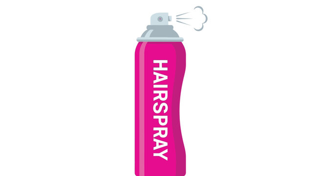 A pink aerosol can of hairspray with a spray nozzle emitting vapor