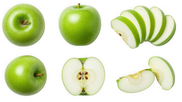 Green apple whole, sliced, and cut in half for healthy eating