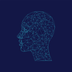 Digital Human Head Wireframe Profile Representing Artificial Intelligence, Technology, and Data Processing Concepts on a Dark Background