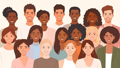 Diverse group of young adults smiling and facing forward in a cartoon style against a beige background