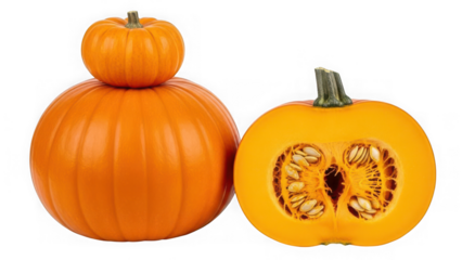 Two whole pumpkins and one cut in half with seeds on black background