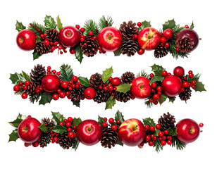Three festive garlands of red apples, pinecones, holly, red fruits