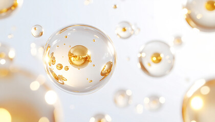 金色の美容成分が輝く透明分子の3Dイメージ｜Glossy transparent 3D molecules filled with golden cosmetic ingredients