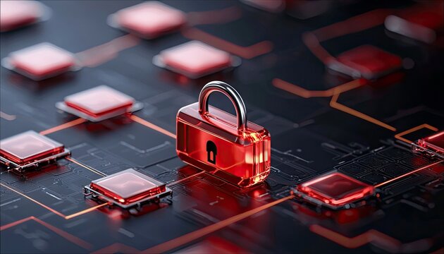 A red padlock sits on a circuit board, surrounded by glowing red squares and lines, symbolizing data security and protection in a digital environment.