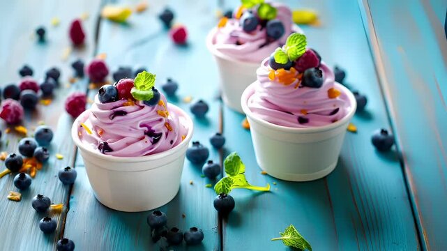 A closeup of a bowl of ice cream with blueberries and a mint leaf on top. The ice cream has a pinkish hue and is topped with a mix of blueberries, orange slices.