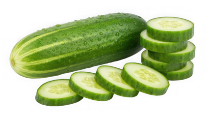 Fresh cucumber with water droplets and slices, isolated on black