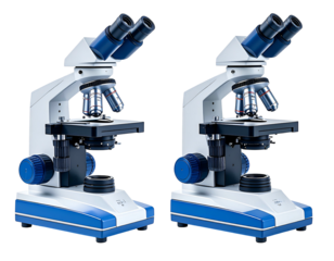 Two identical white/blue binocular compound lab microscopes