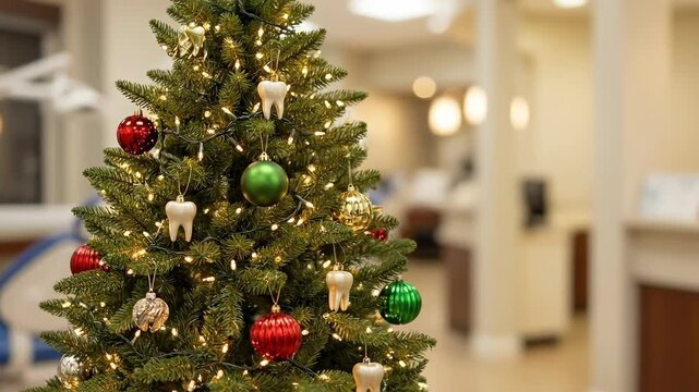 Christmas Tree Decorated with Ornaments and Lights in a Dental Clinic Reception Area, Featuring Green and Red Baubles and Dental-themed Ornaments