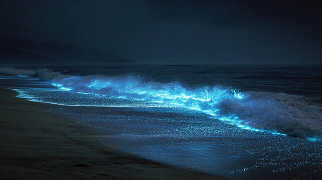 A mesmerizing coastal scene featuring bioluminescent waves, illuminated at night. The luminous water creates an ethereal glow against the dark sky