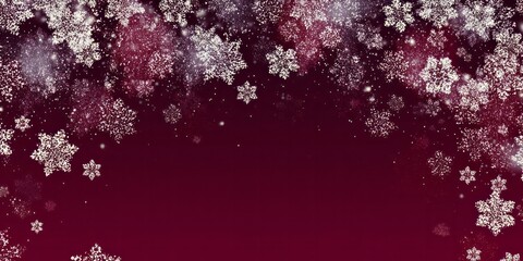 Sparkling silver snowflakes descend against a deep magenta background creating a festive border design.