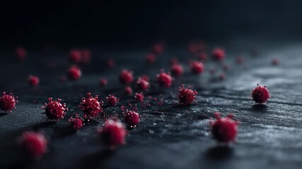 highly detailed rendering of glowing red virus particles on a dark, microscopic surface. - Powered by Adobe