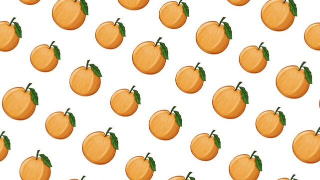 A bright motion graphic featuring a tightly packed, repeating design of complete watercolor oranges with green stems and leaves, excellent for fresh produce branding.