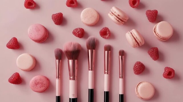 Pink makeup brushes, raspberry macarons, and fresh raspberries on a pastel pink background.