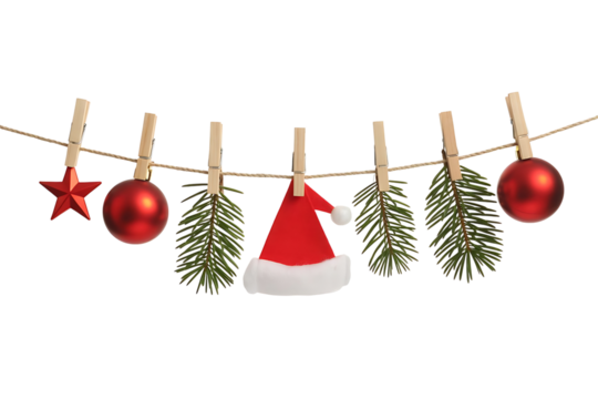 Christmas garland with ornaments and santa hat isolated on transparent background