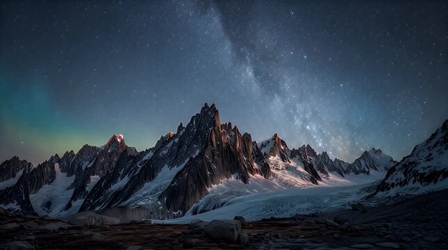Night Glacier Scene with Milky Way and Aurora Lights