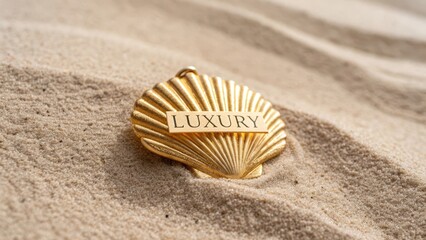 Golden seashell accessory labeled luxury on sandy beach surface