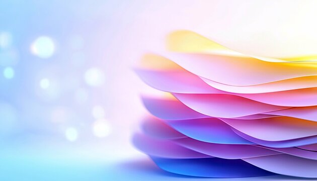 An abstract image featuring a stack of colorful paper layers with a bokeh effect in the background. - Powered by Adobe