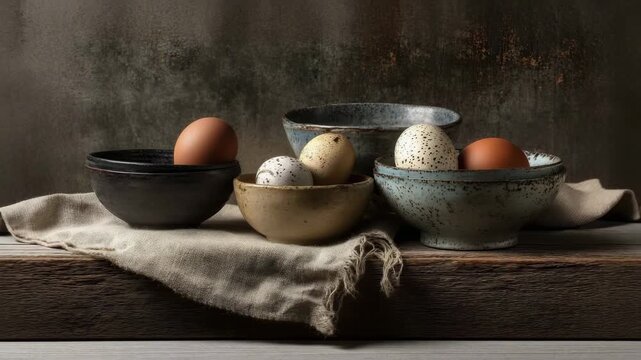 Rustic still life with speckled and brown eggs in stacked ceramic bowls on a wooden background