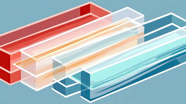 An abstract illustration featuring overlapping colorful rectangles in red, orange, white, and blue, set against a light blue background.